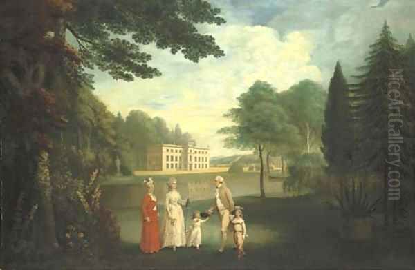 Group portrait of a gentleman with two ladies and two children Oil Painting by English School