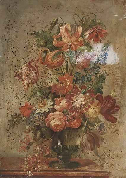 Poppies, roses, passion-flowers, irises, honey-suckle, tulips and lilies in a glass vase Oil Painting by English School