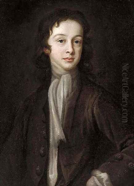 Portrait of a boy, half-length, in a brown jacket and white cravat Oil Painting by English School