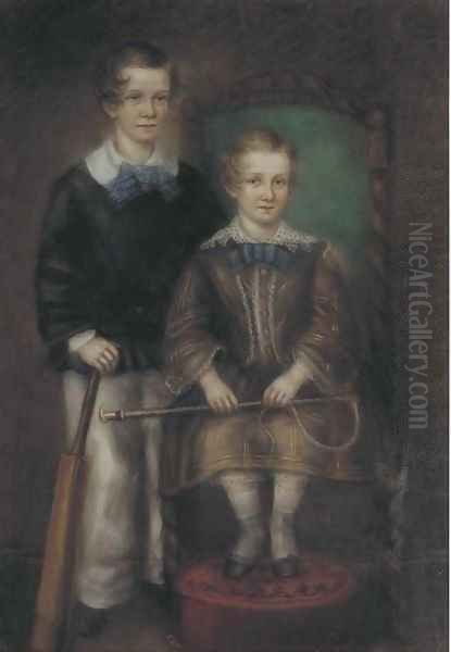 Portrait of a boy, with a cricket bat, standing by his sister, holding a riding whip Oil Painting by English School