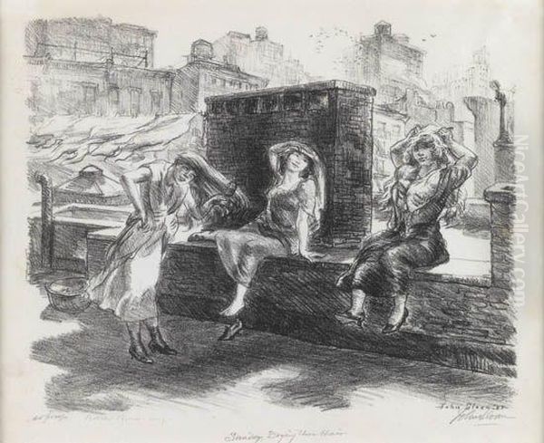 Sunday, Drying Their Hair On The Roof Oil Painting by John Sloan