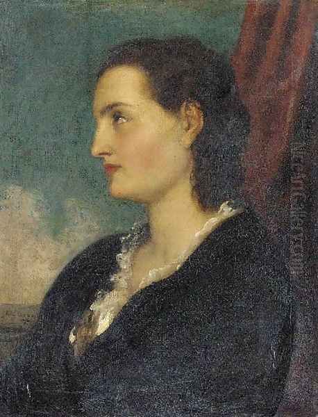 Portrait of a lady, bust-length, in profile to the left, wearing a black coat with white ruffed collar Oil Painting by English School