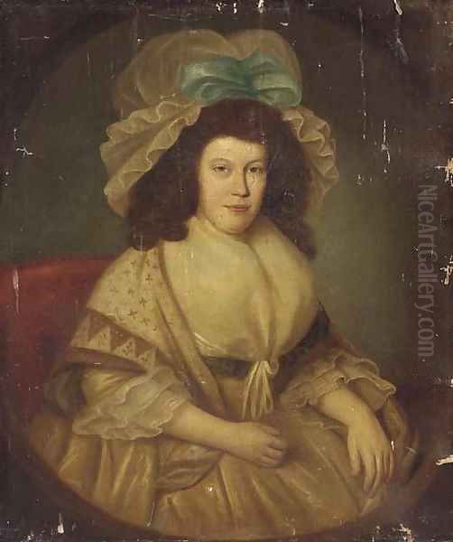 Portrait of a lady, seated three-quarter-length, in a white dress and mop hat with a blue ribbon Oil Painting by English School