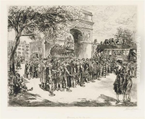 Busses In Washington Square Oil Painting by John Sloan