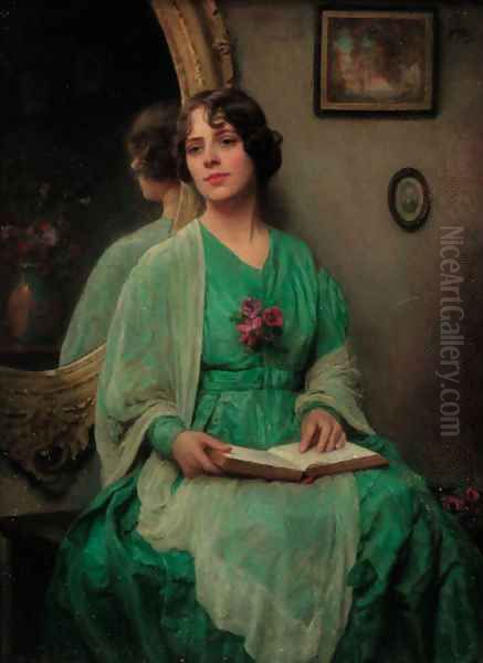 Portrait of a lady, three-quarter-length, in a green dress Oil Painting by English School