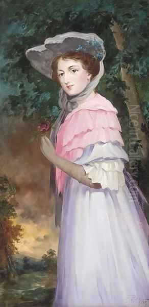 Portrait of a lady, three-quarter-length, in a mauve and pink dress, holding a rose in her left hand Oil Painting by English School