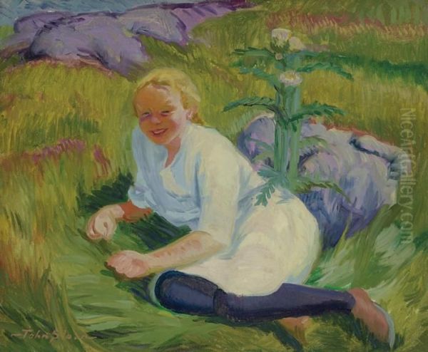 Child And Thistle In Sun Oil Painting by John Sloan