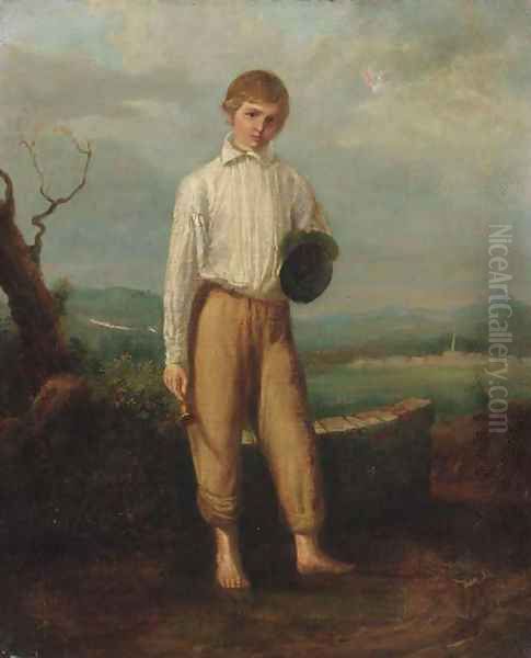 Portrait of a young boy, small full-length, in a white shirt, holding a trumpet and cap, in a landscape Oil Painting by English School