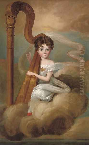 Portrait of a young girl, full-length, in a white dress, playing the harp, seated on a cloud Oil Painting by English School