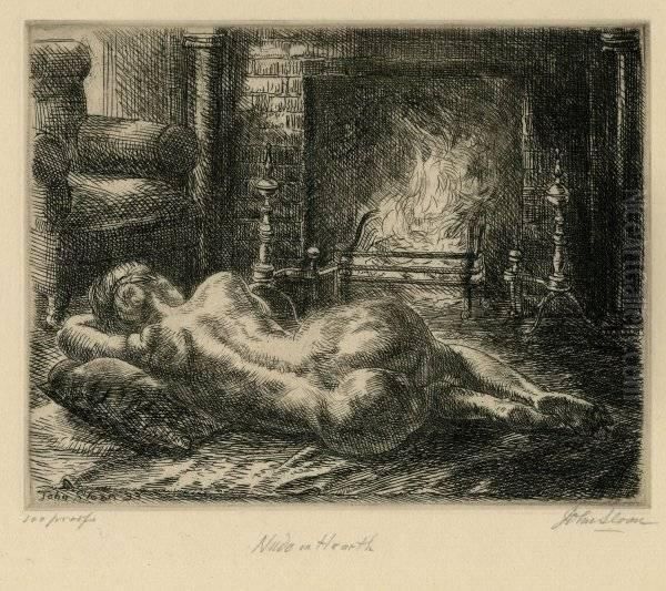 Nude On Hearth Oil Painting by John Sloan