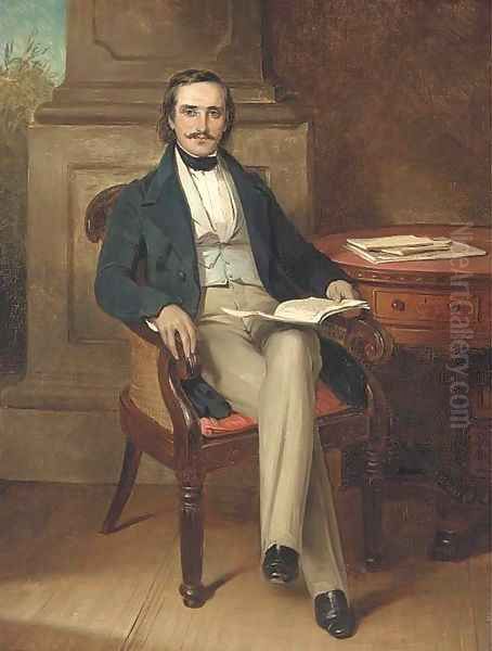 Portrait of gentleman, seated full-length, in a black coat, holding a book, by a table Oil Painting by English School