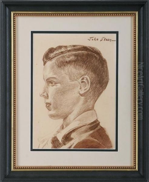 Portrait Of A Young Boy In Profile, Red Crayon On Paper, Signed U/r Oil Painting by John Sloan