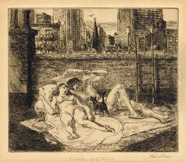 Sunbathers On The Roof Oil Painting by John Sloan