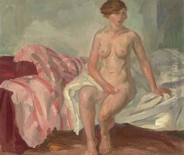 Nude, Pink Striped Coverlet Oil Painting by John Sloan