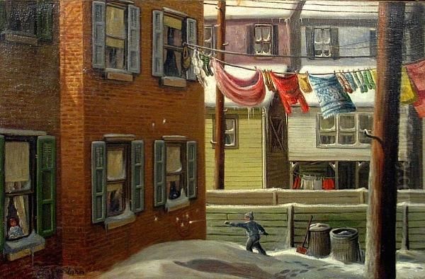 Backyard Snowball Throwing Oil Painting by John Sloan