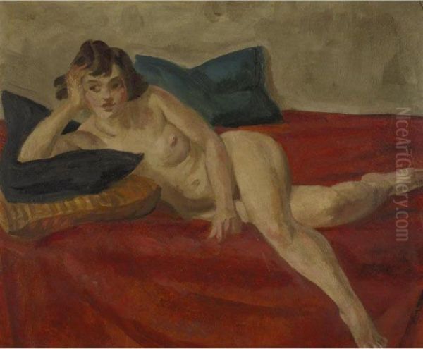 Nude On Red Velvet Oil Painting by John Sloan