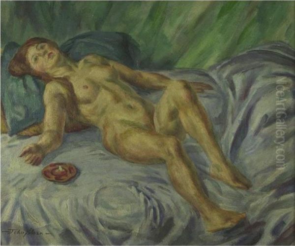 Nude, Blue Swirl Couch And Ashtray Oil Painting by John Sloan