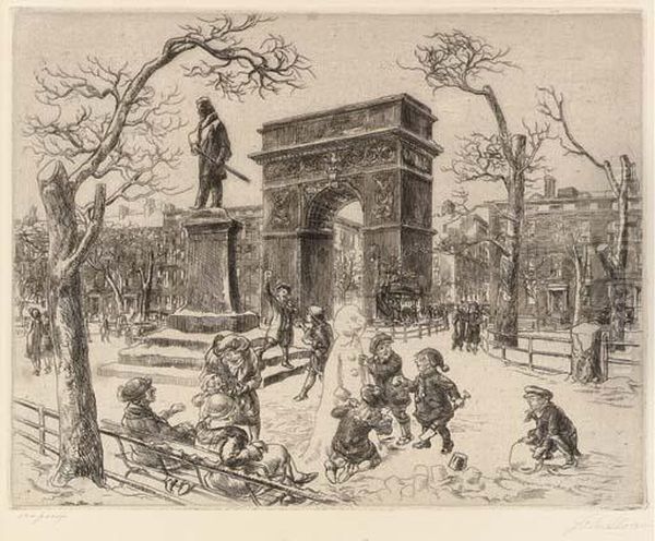 Sculpture In Washington Square; And The Lafayette Oil Painting by John Sloan