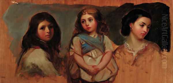 Portrait of three girls Oil Painting by English School