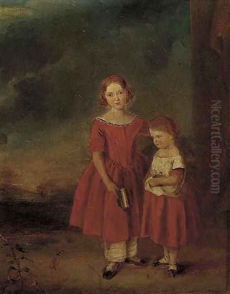 Portrait of two young girls, full length, standing in a landscape Oil Painting by English School