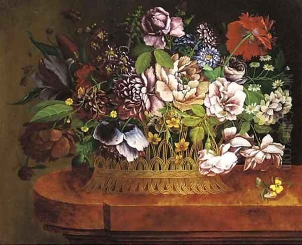 Roses, peonies, a poppy and other summer flowers in a wicker basket on a ledge Oil Painting by English School