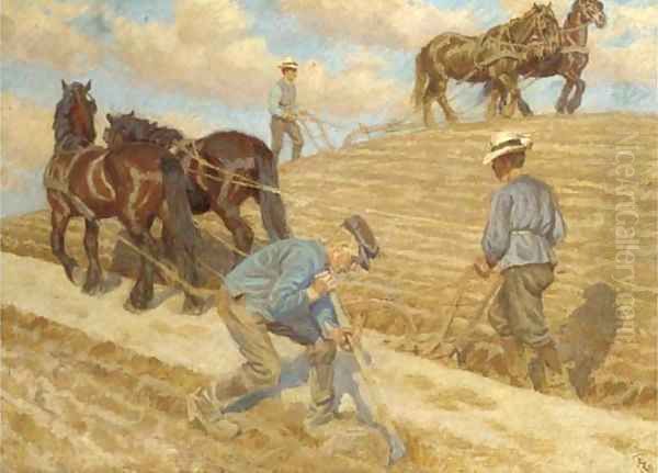 The plough team at work Oil Painting by English School