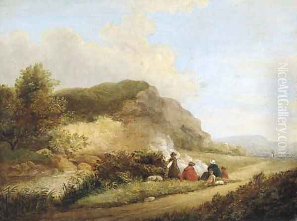 Travellers warming themselves at the wayside Oil Painting by English School