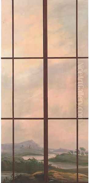 Trompe l'oeil of a window with a landscape beyond Oil Painting by English School