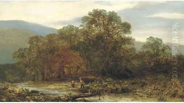 Two children playing in a river landscape Oil Painting by English School