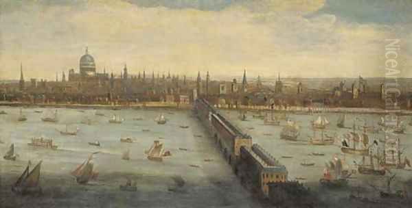 View of the River Thames and the City of London taken from the South Bank at Southwark, with old London Bridge, and the Pool of London Oil Painting by English School