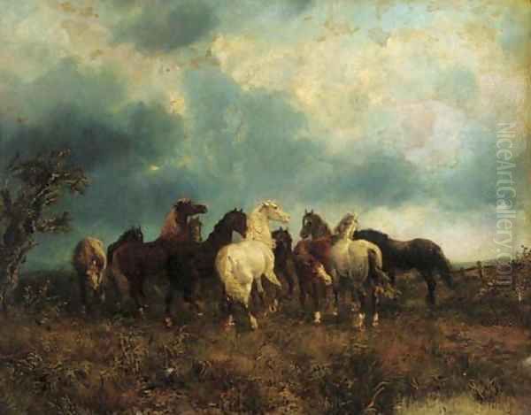 Wild horses Oil Painting by English School