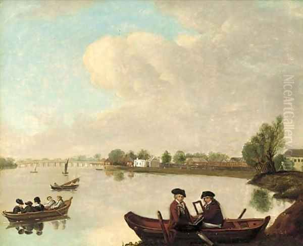 William Seguier and Mr W. Battean in a boat in a river landscape Oil Painting by English School