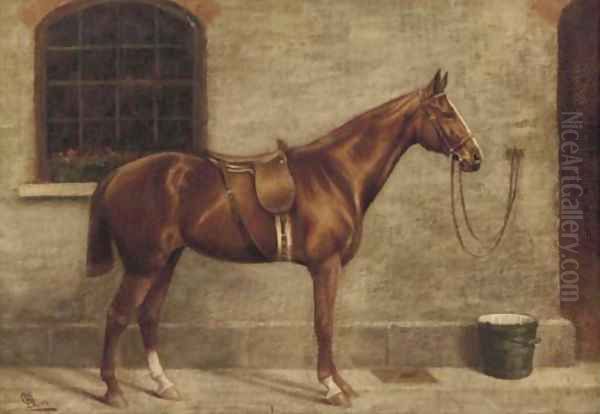 A chestnut horse beside a stable Oil Painting by English School