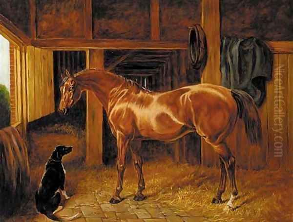 A chestnut hunter with a dog in a stable Oil Painting by English School