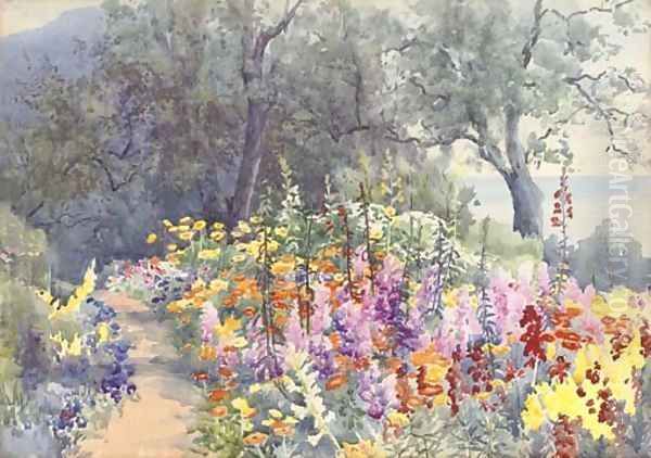 A coastal garden in full bloom Oil Painting by English School