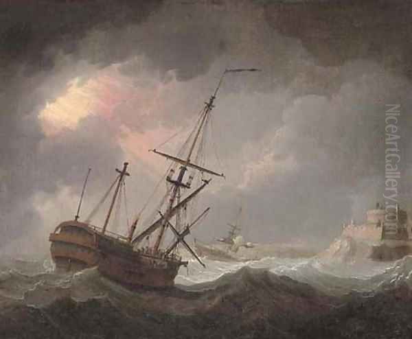 A dismasted warship running into perilous waters Oil Painting by English School