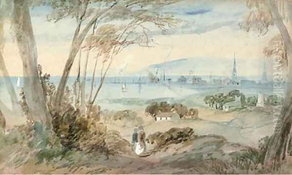 A distant view of Ayr; and Fishermen on the beach Oil Painting by English School