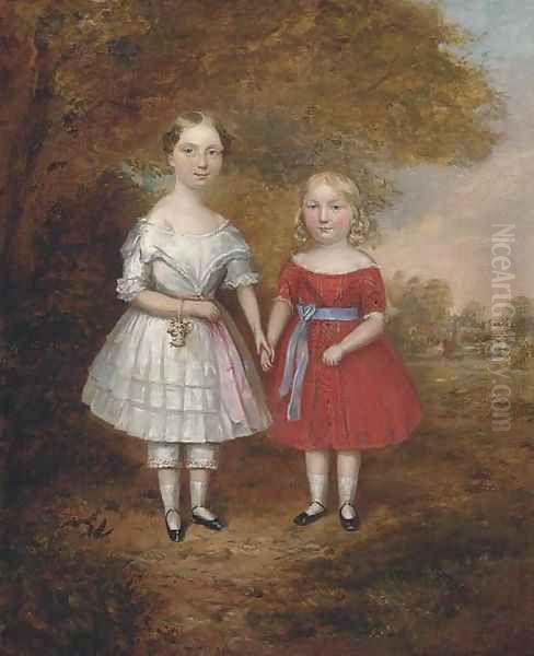 A double portrait of two young girls Oil Painting by English School