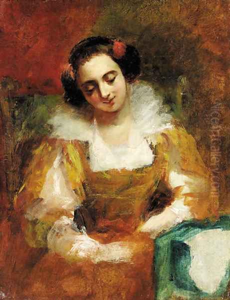 A elegant lady in a yellow dress Oil Painting by English School