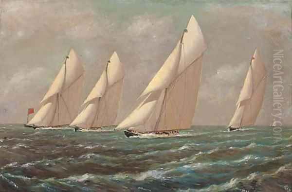 A flying start Britannia, Iverna, Satanita and Valkryie (II) Oil Painting by English School