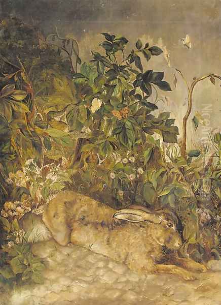 A hare resting by some foliage Oil Painting by English School