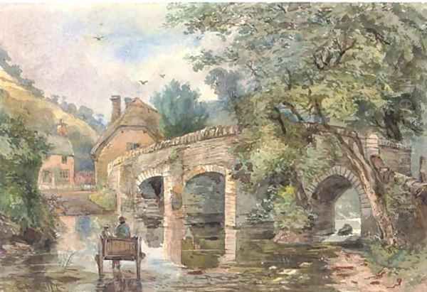 A horse and trap crossing the ford Oil Painting by English School