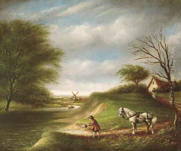 A horseman in a wooded landscape, a windmill beyond Oil Painting by English School