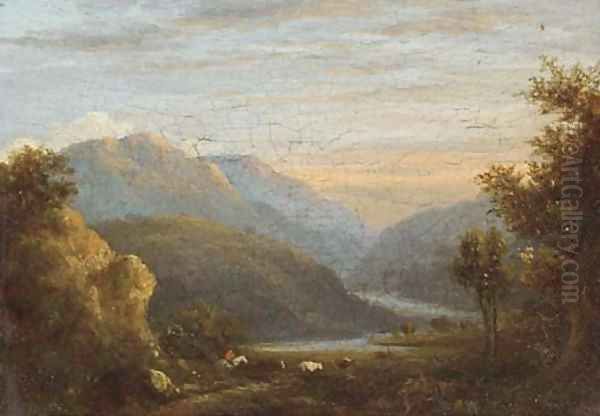 A loch landscape at dusk; and A river landscape at dusk Oil Painting by English School