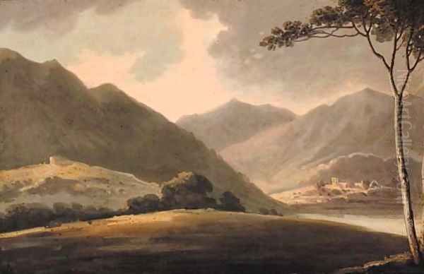 A mountainous lake landscape with a church beyond Oil Painting by English School