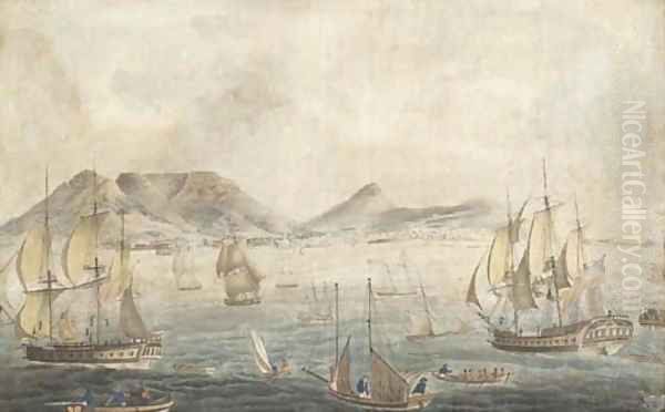 A panorama of Cape Town beyond Oil Painting by English School