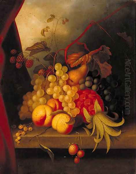 A pineapple, raspberries, grapes, peaches and other fruit on a ledge Oil Painting by English School