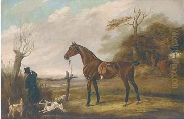 A saddled dark brown hunter in a landscape Oil Painting by English School