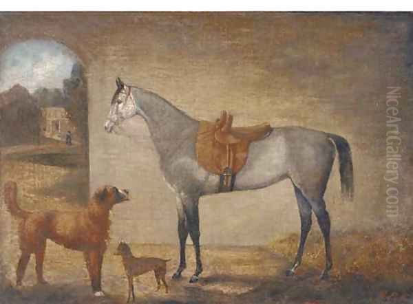 A saddled grey in a stable with two dogs Oil Painting by English School