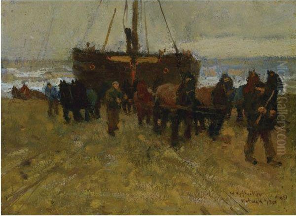 Pulling A Bomschuit On The Beach, Katwijk Aan Zee Oil Painting by Willy Sluyters